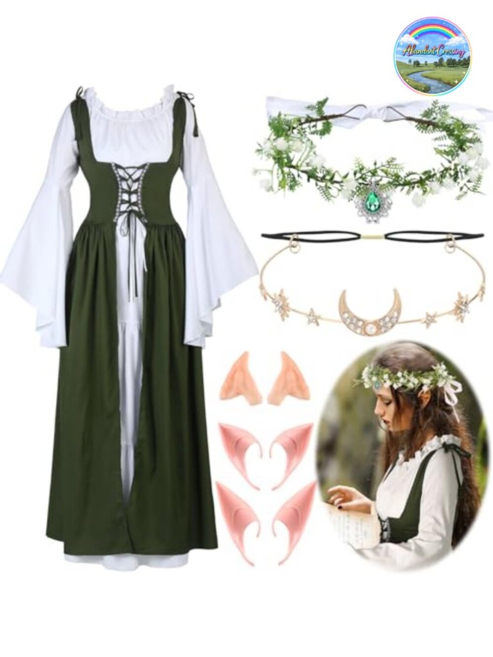 Medieval Renaissance Costume Set Bell Sleeve Corset Dress Elf Ears Moon Crown